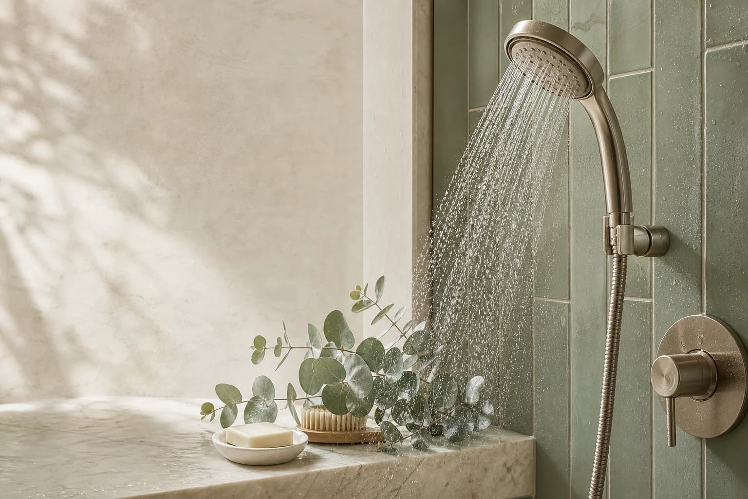Filtered shower water flowing in a calm spa bathroom