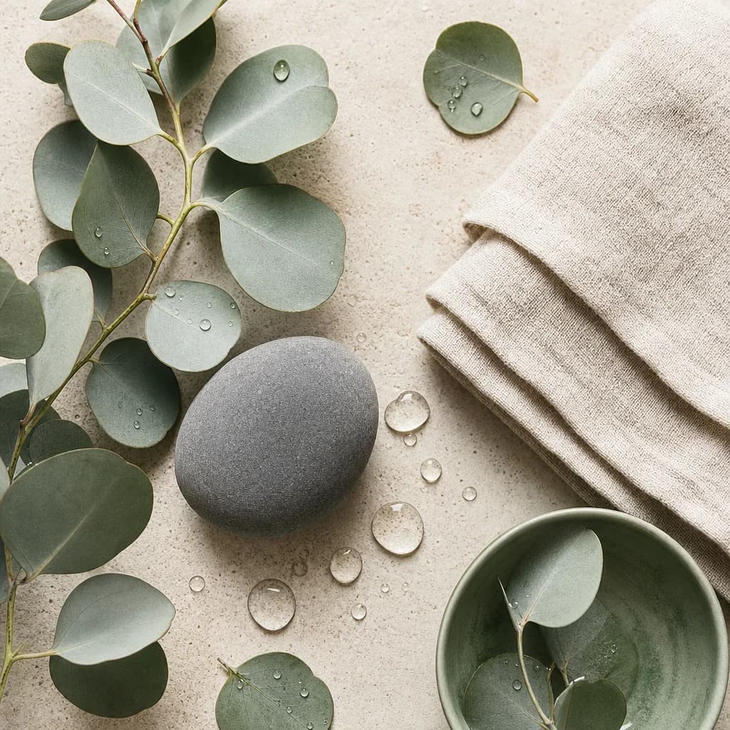 Spa flat lay with eucalyptus and linen